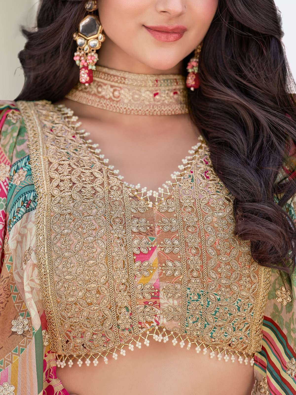  Beige Multicolor Chinnon silk Heritage and flower Print on Lehenga Choli reseller in surat 7050 Beige